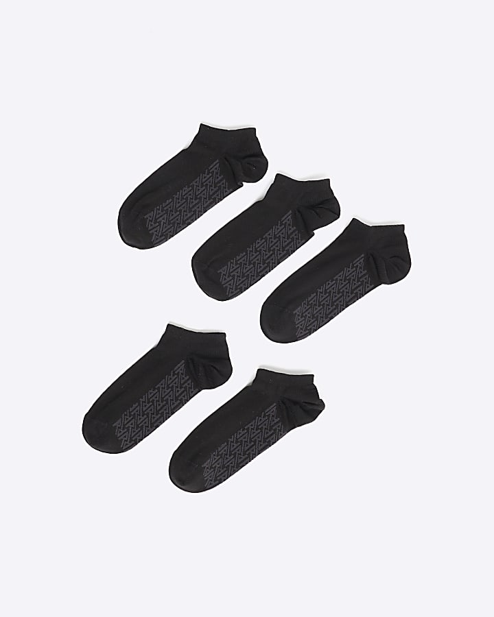 Black Pack Of 5 Ribbed Monogram Trainer Socks