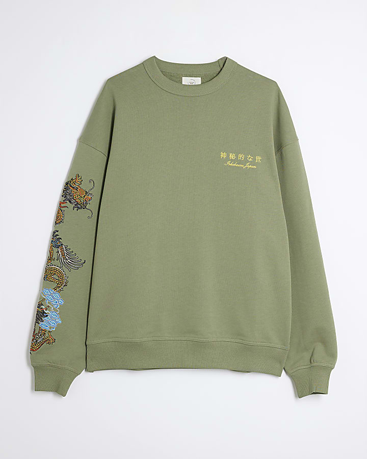 Khaki Embroidered Dragon Sweatshirt