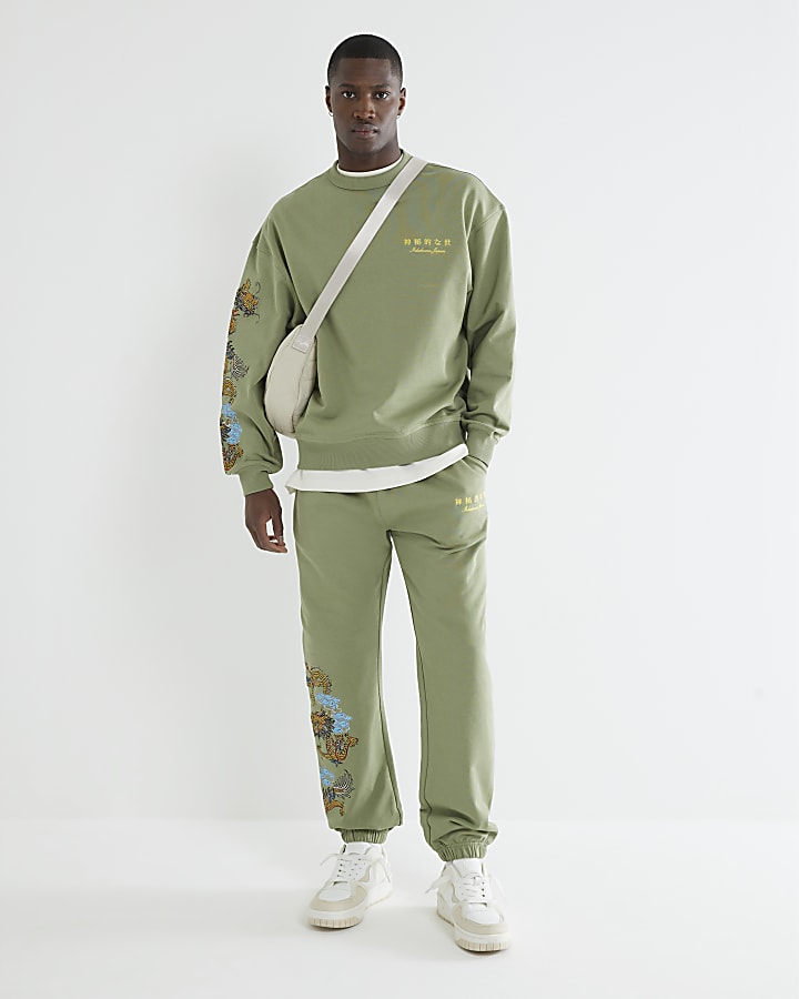 Khaki Embroidered Dragon Sweatshirt