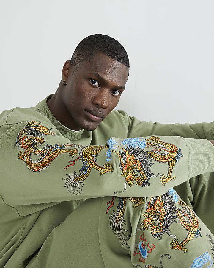 Khaki Embroidered Dragon Sweatshirt