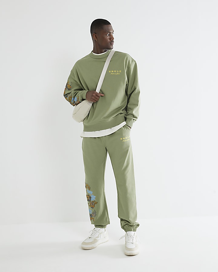Khaki Embroidered Dragon Joggers
