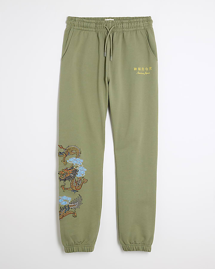 Khaki Embroidered Dragon Joggers