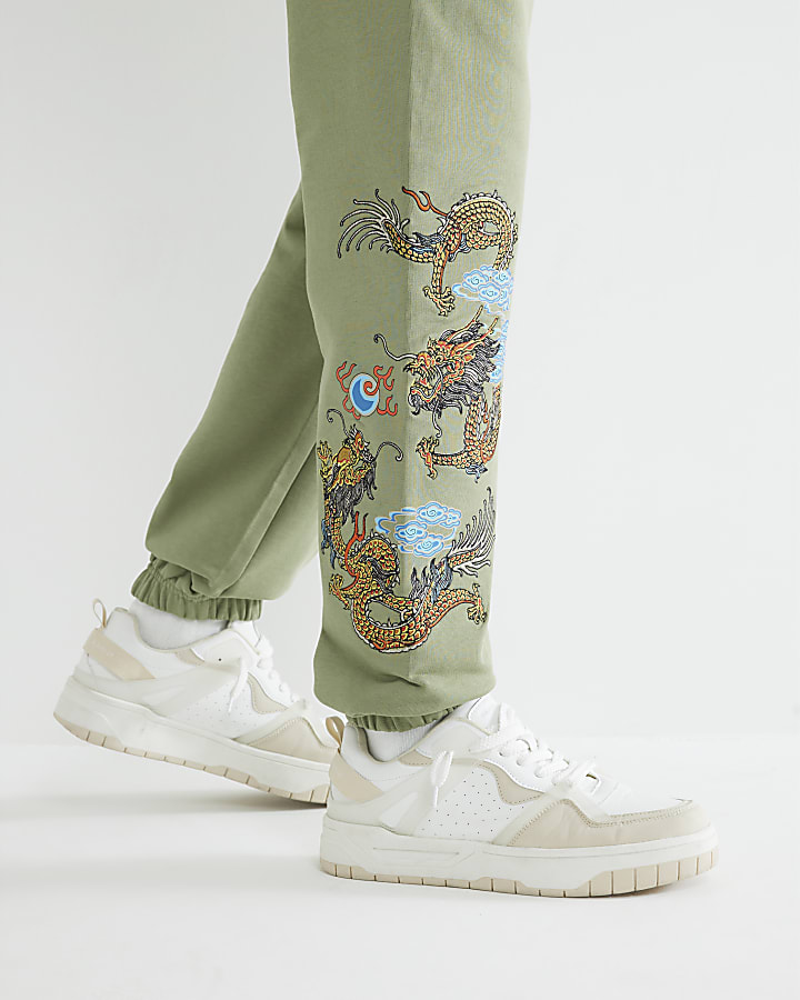 Khaki Embroidered Dragon Joggers