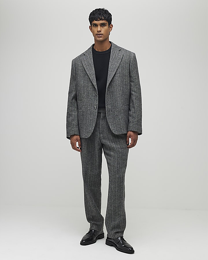 Grey Relaxed Fit Stiped Suit Trousers