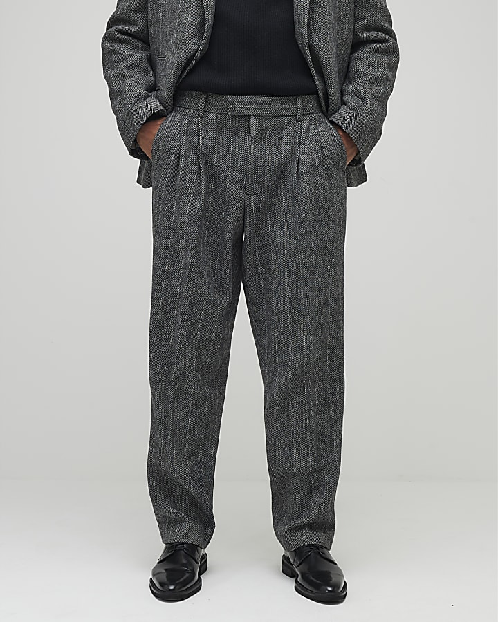 Grey Relaxed Fit Stiped Suit Trousers
