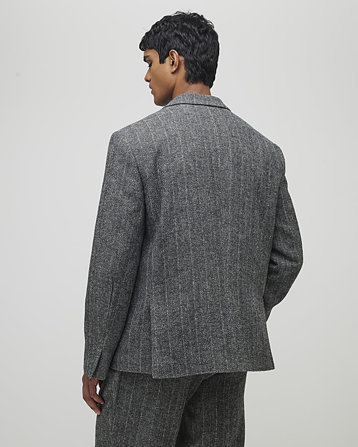 Grey Relaxed Fit Striped Suit Jacket