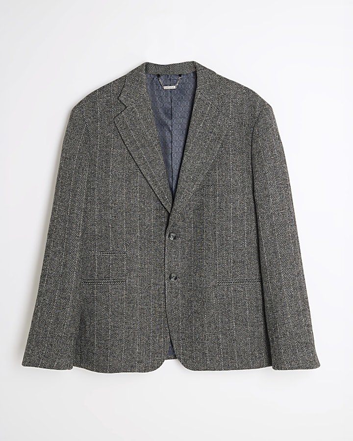 Grey Relaxed Fit Striped Suit Jacket