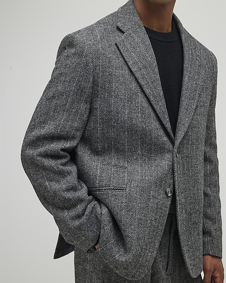 Grey Relaxed Fit Striped Suit Jacket
