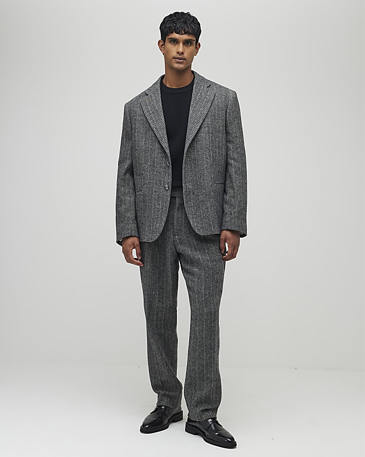 Grey Relaxed Fit Striped Suit Jacket