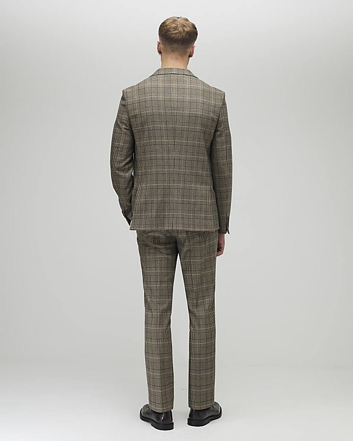 Brown Slim Fit Check Suit Trousers
