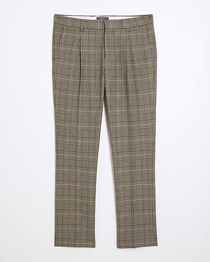 Brown Slim Fit Check Suit Trousers