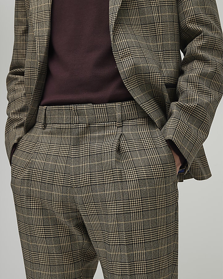 Brown Slim Fit Check Suit Trousers