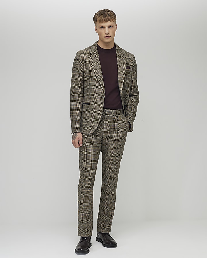 Brown Slim Fit Check Suit Trousers