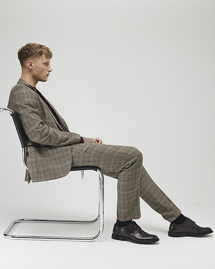 Brown Slim Fit Check Suit Trousers
