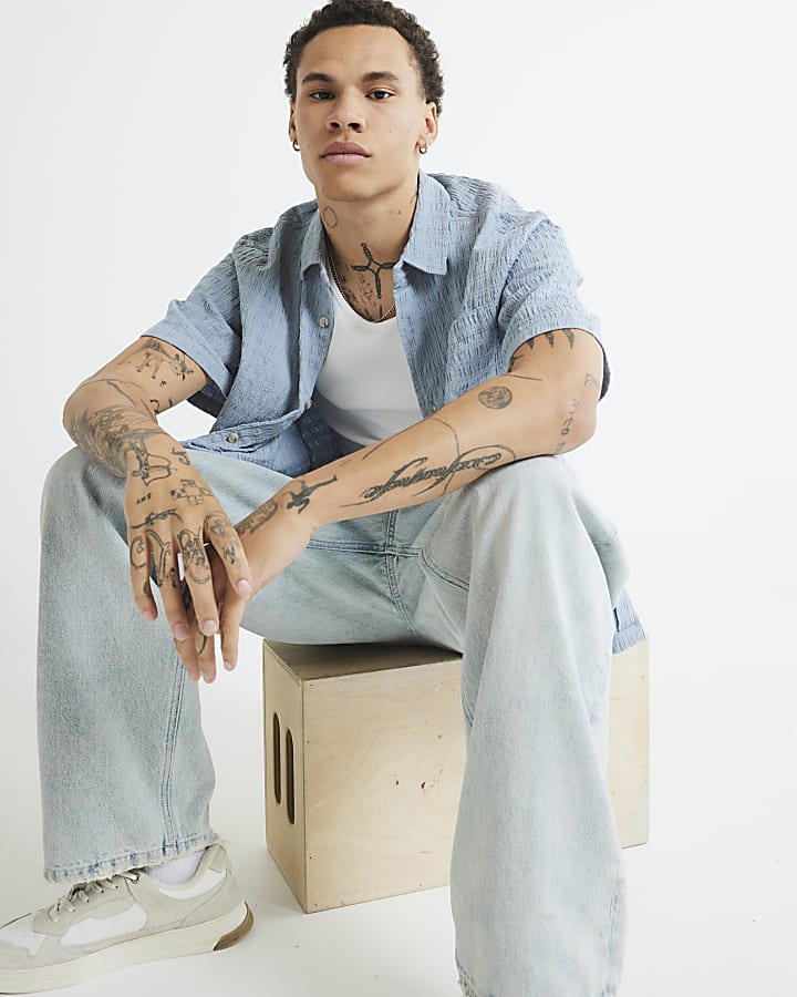 Blue Boxy Fit Crinkle Textured Shirt