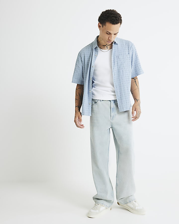 Blue Boxy Fit Crinkle Textured Shirt