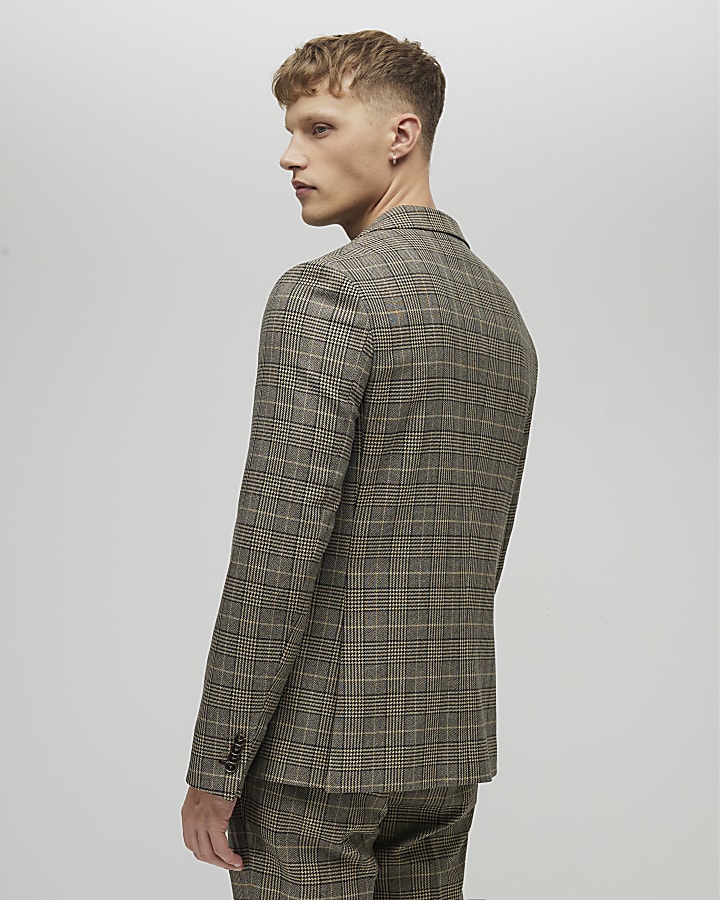 Brown Slim Fit Check Suit Jacket
