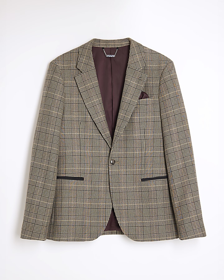 Brown Slim Fit Check Suit Jacket