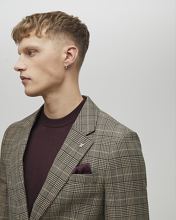 Brown Slim Fit Check Suit Jacket