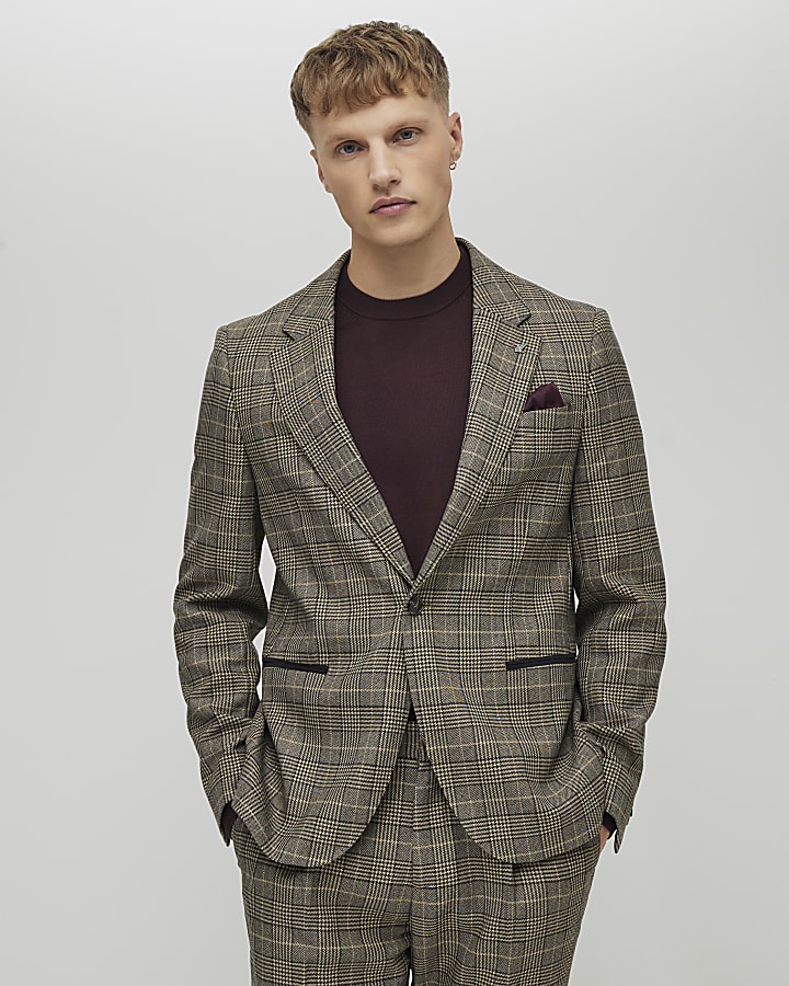 Brown Slim Fit Check Suit Jacket