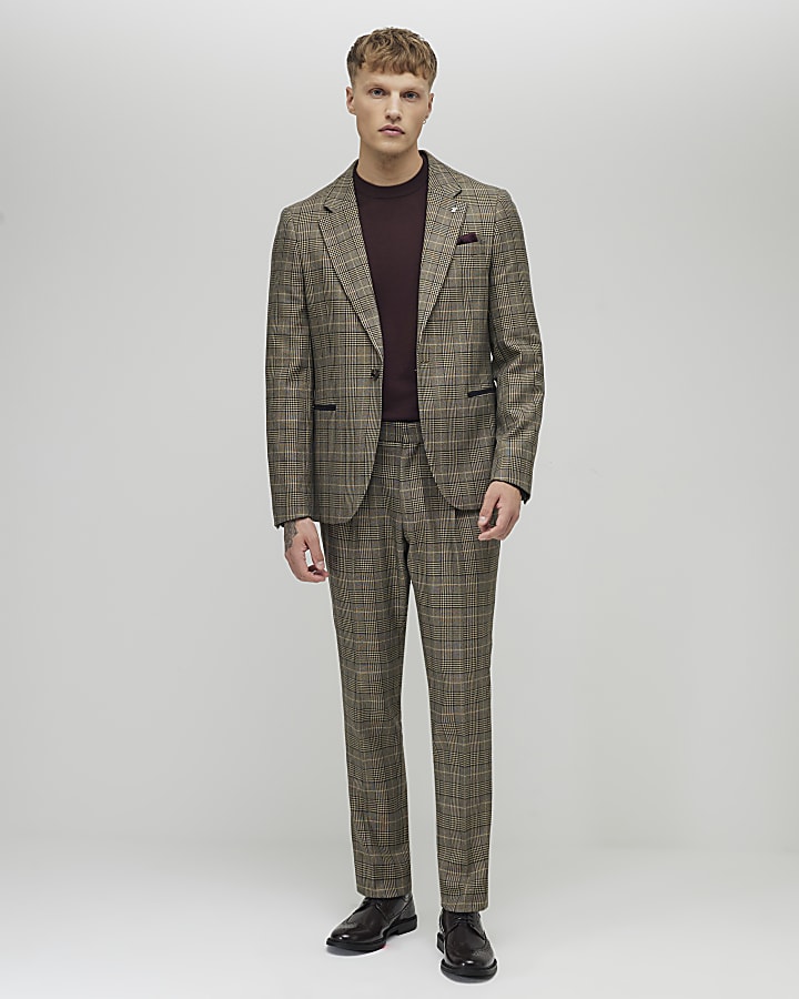 Brown Slim Fit Check Suit Jacket