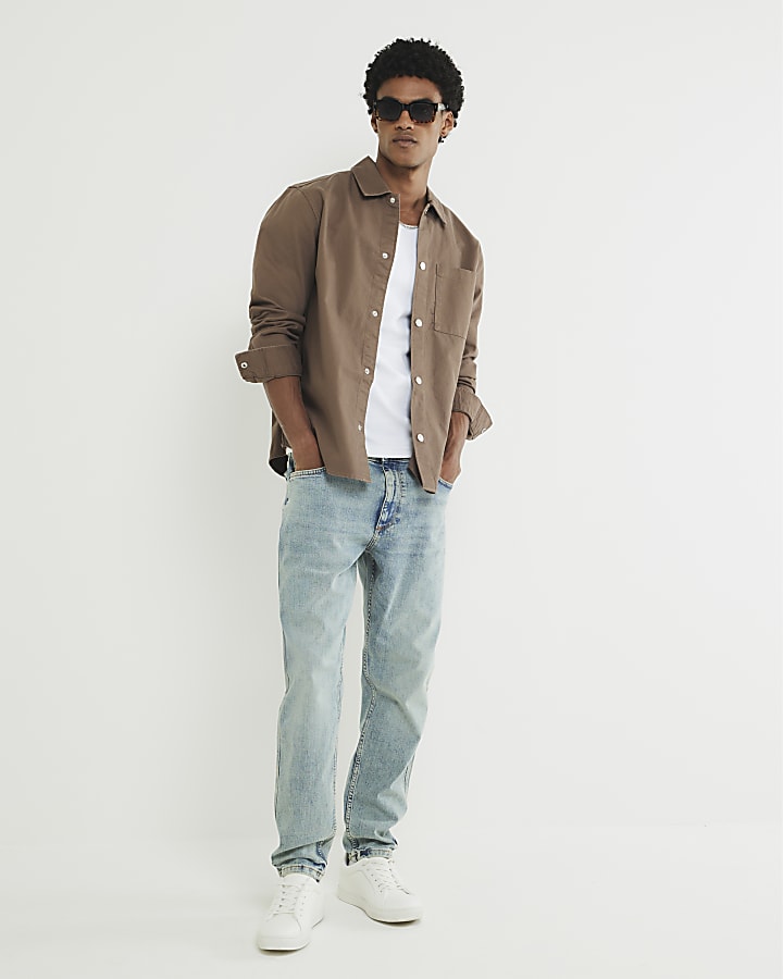 Brown Long Sleeve Curved Hem Dyed Shirt