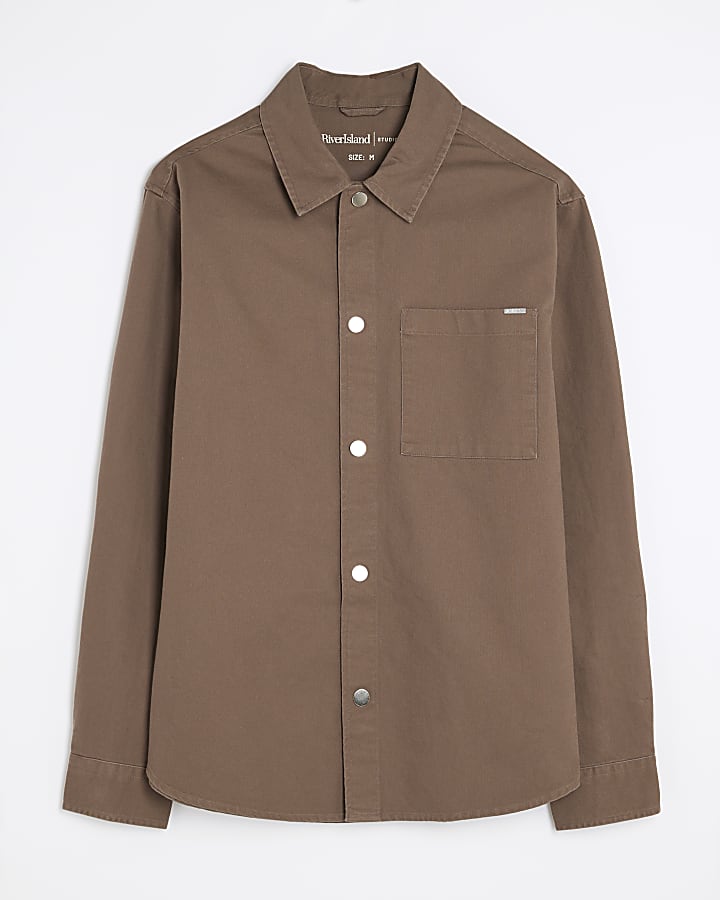 Brown Long Sleeve Curved Hem Dyed Shirt