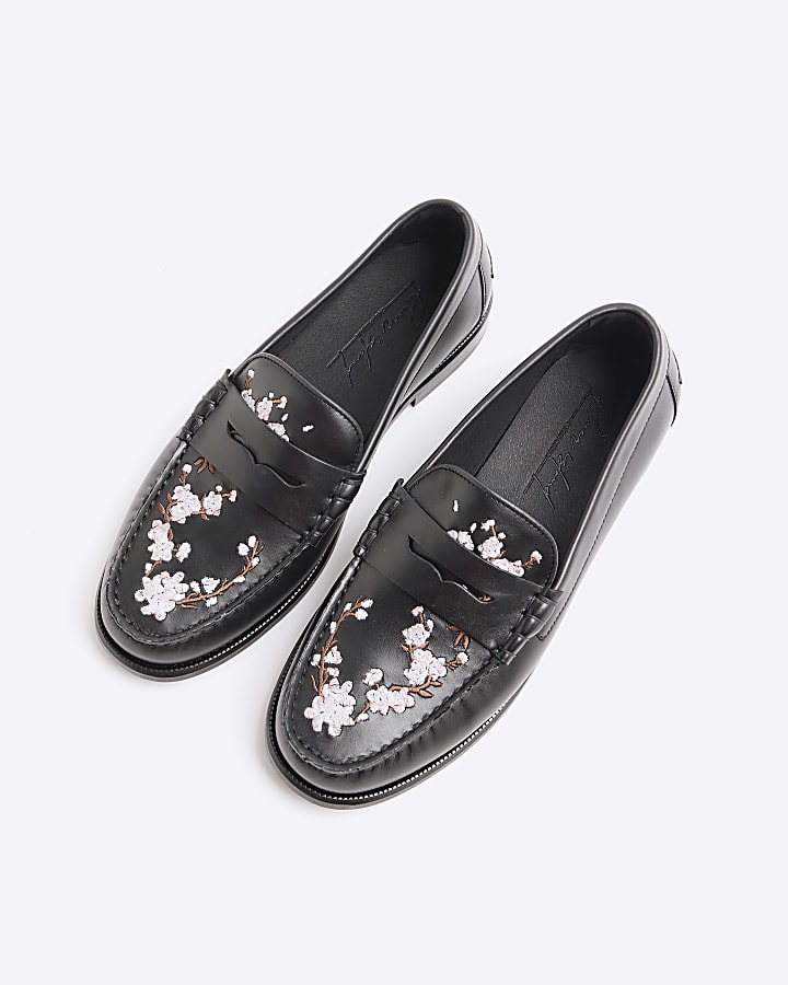 Black Pink Leather Cherry Blossom Loafers