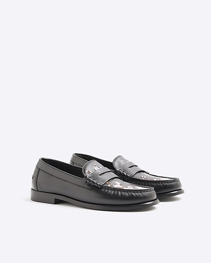 Black Pink Leather Cherry Blossom Loafers