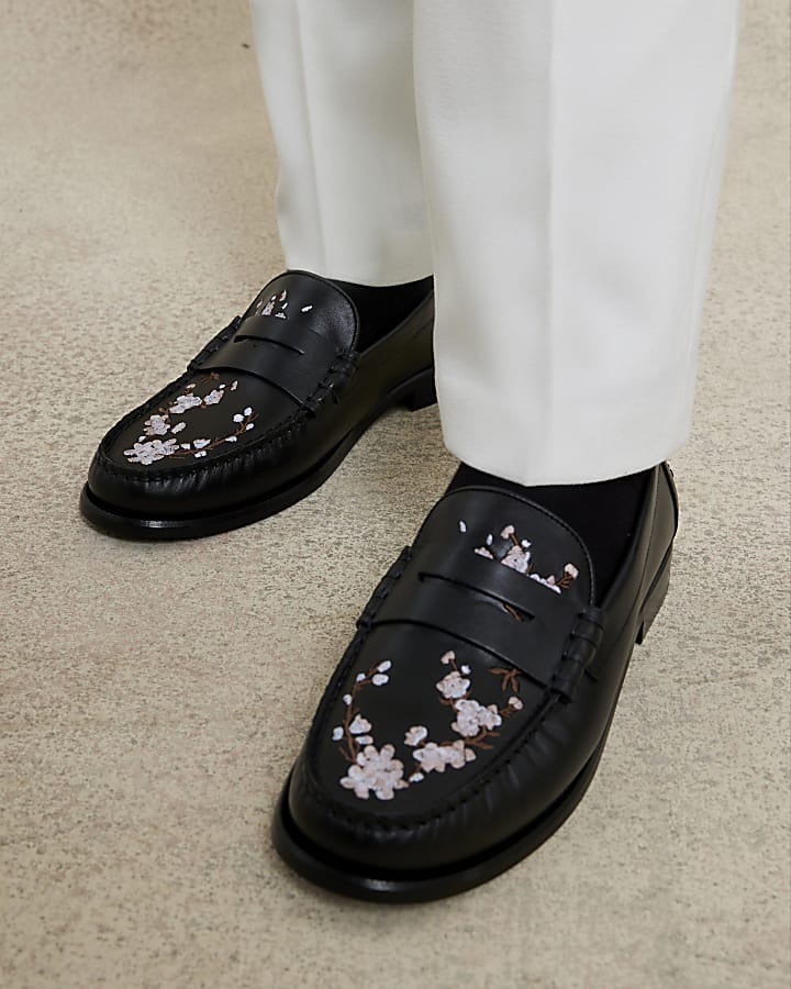 Black Pink Leather Cherry Blossom Loafers