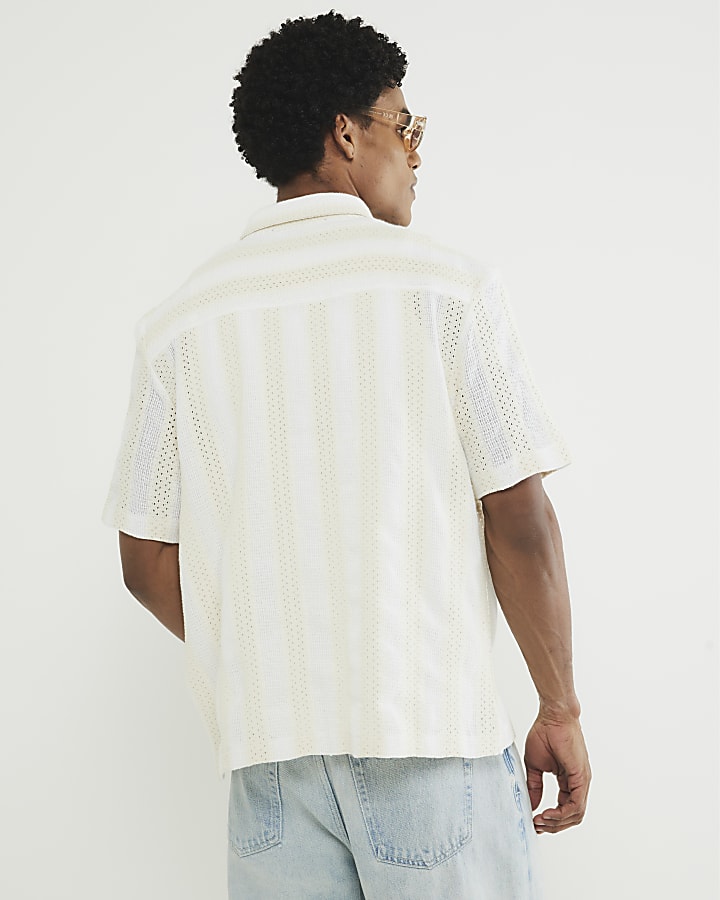 Cream Regular Fit Stripe Crochet Shirt