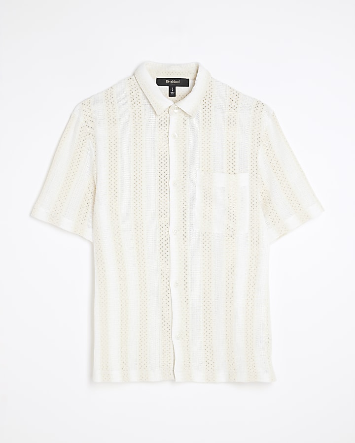 Cream Regular Fit Stripe Crochet Shirt