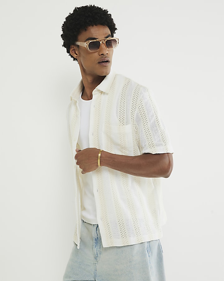 Cream Regular Fit Stripe Crochet Shirt