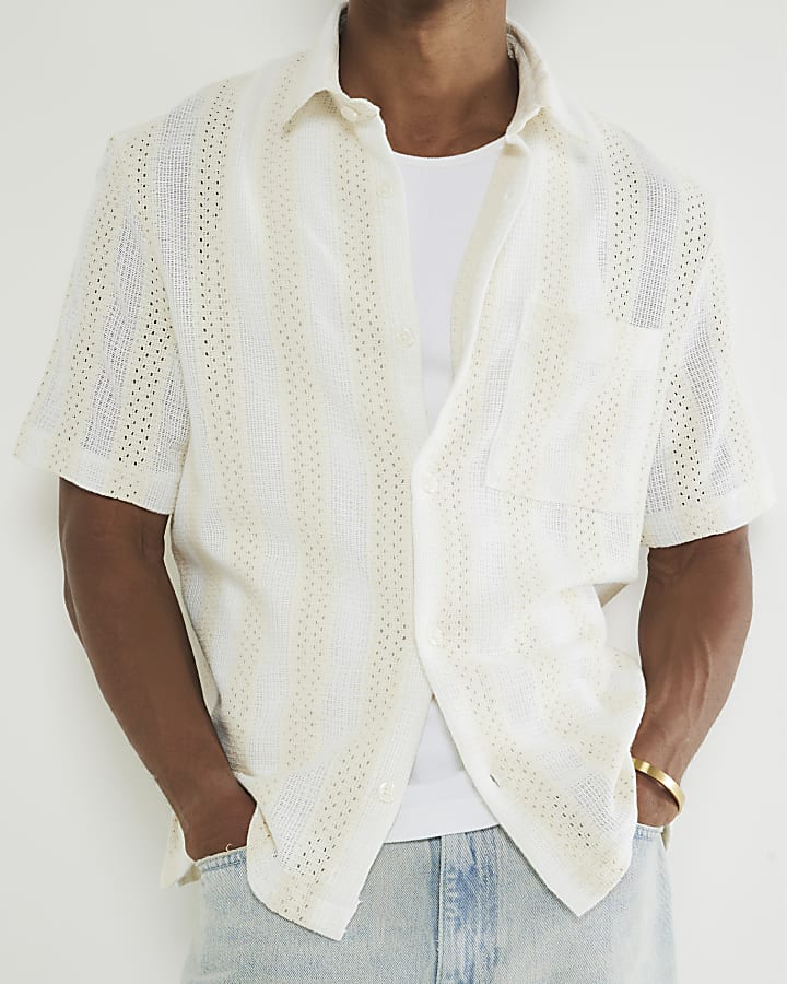 Cream Regular Fit Stripe Crochet Shirt