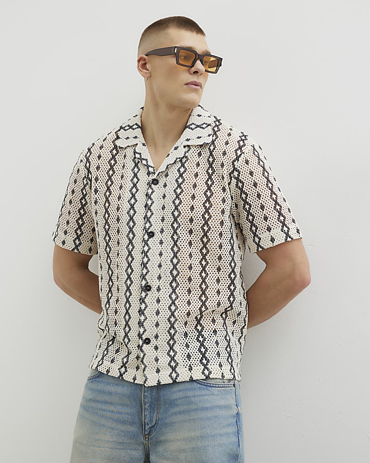 White Regular Fit Crochet Zig Zag Shirt