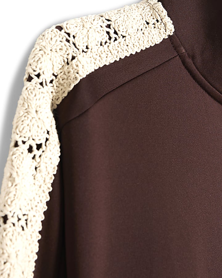 Brown Regular Fit Crochet Detail Zip Jacket