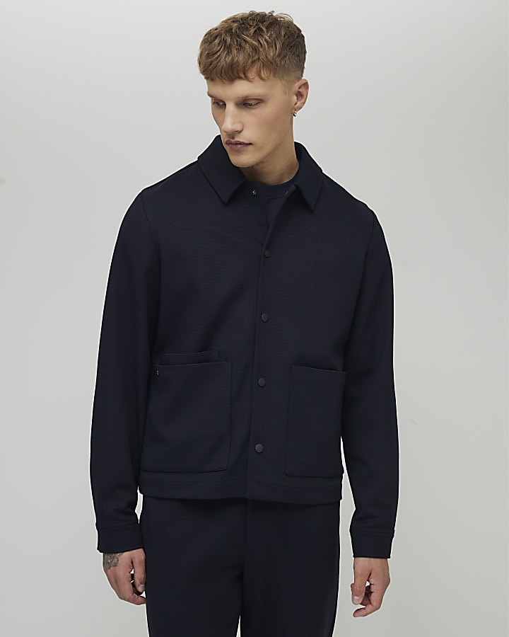 Navy Slim Fit Textured Overshirt