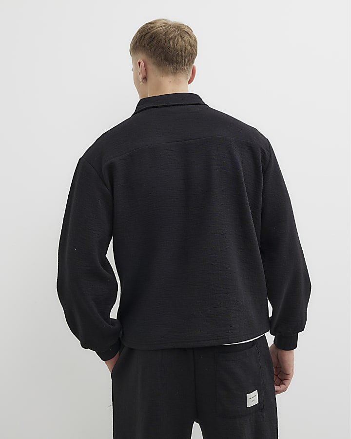 Black Oversized Fit Textured Polo Shirt