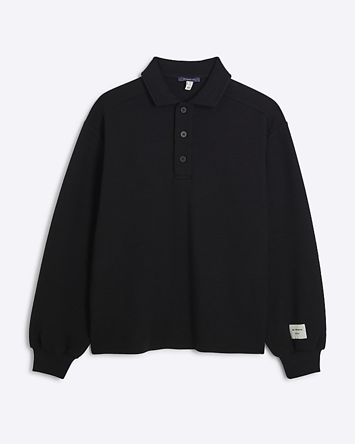 Black Oversized Fit Textured Polo Shirt