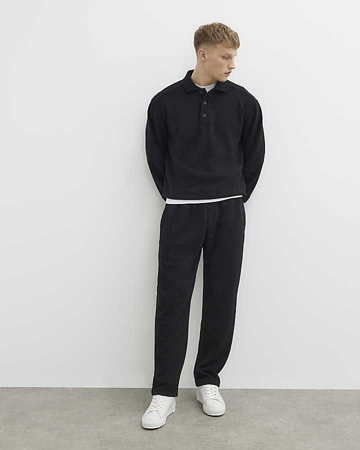 Black Oversized Fit Textured Polo Shirt