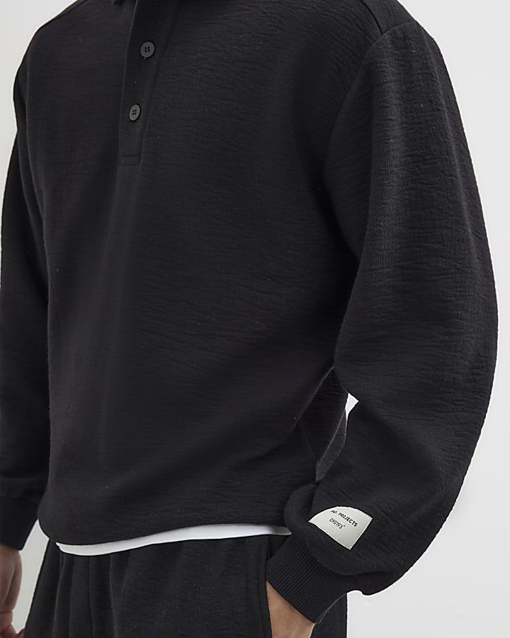 Black Oversized Fit Textured Polo Shirt