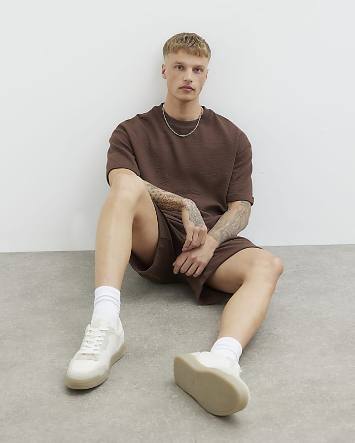 Brown Oversized Short Sleeve Textured T-Shirt