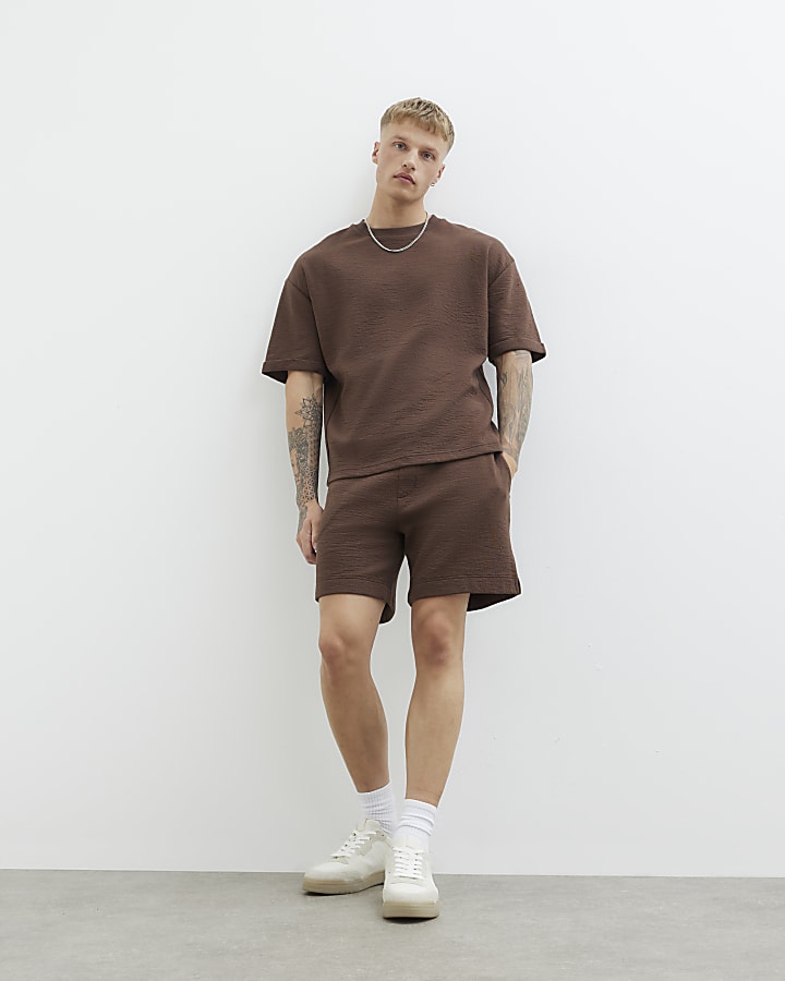 Brown Oversized Short Sleeve Textured T-Shirt