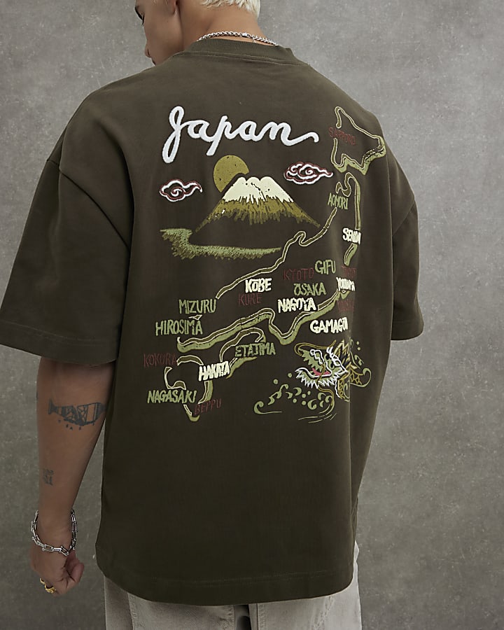 Khaki Oversized Japanese Souvenir T-Shirt