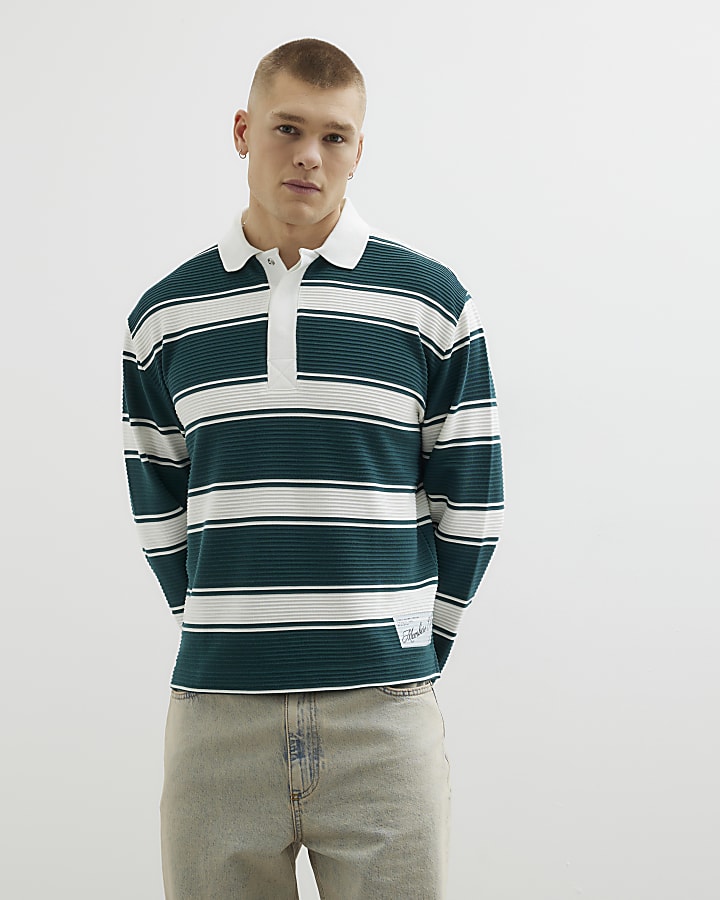 Green Oversized Striped Smart Polo Shirt