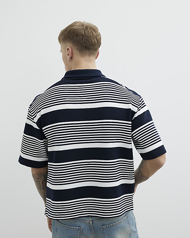 Navy Boxy Fit Stripe Short Sleeve Polo Shirt