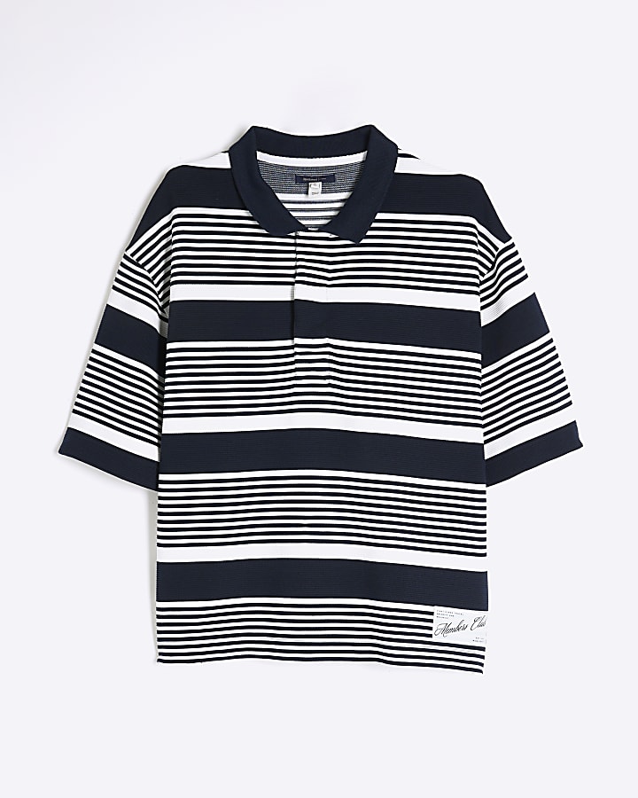 Navy Boxy Fit Stripe Short Sleeve Polo Shirt