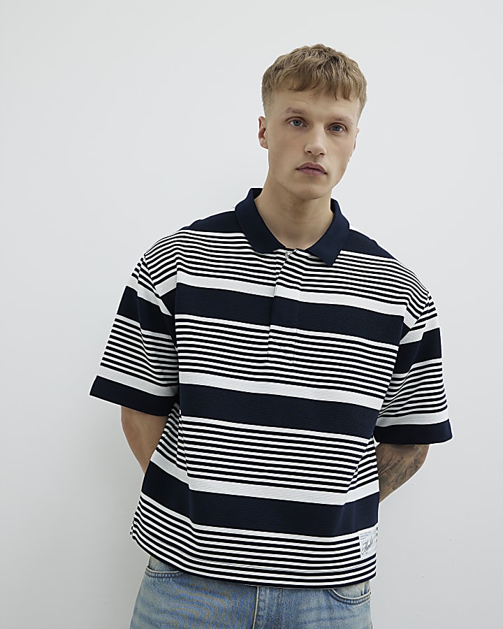 Navy Boxy Fit Stripe Short Sleeve Polo Shirt