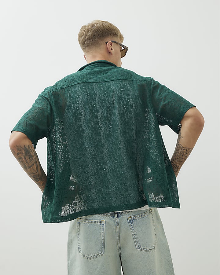 Green Short Sleeve Boxy Fit Lace Shirt