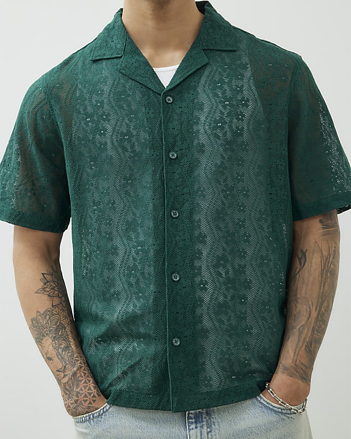 Green Short Sleeve Boxy Fit Lace Shirt